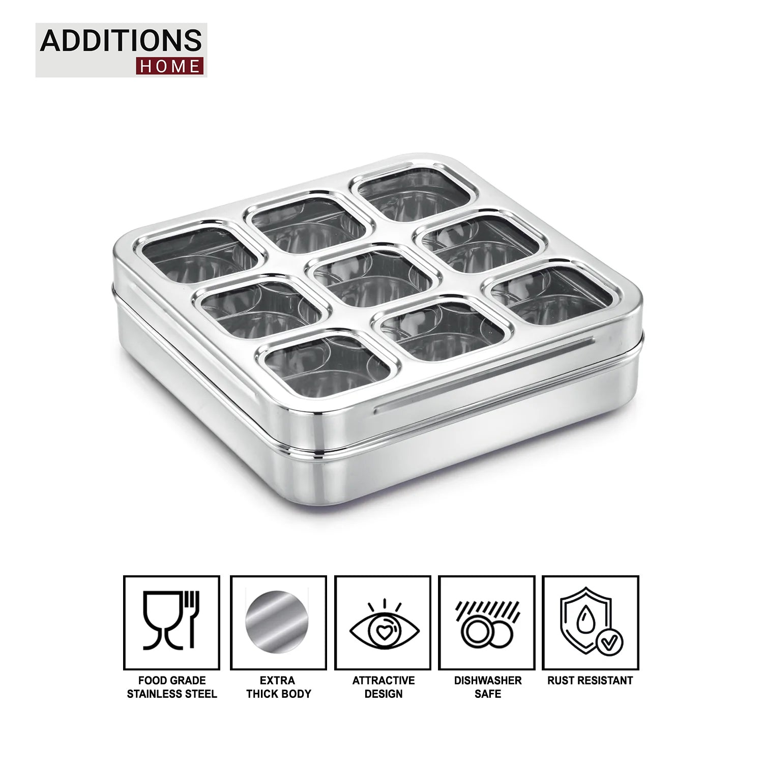 Stainless Steel Lego Masala Box -Square Cubic See thru Lid - Spice box - Condiment box - 9 partition - Diamater - 22CM, Capacity - 100 ML Each Containers