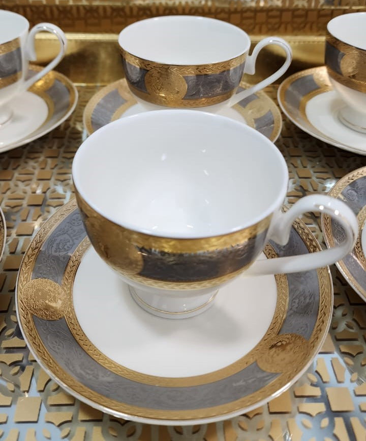 Luxury Embossed Gold Plated Cup & Saucer Royal Style Bone China, Set Of 6 (MADE IN JAPAN)