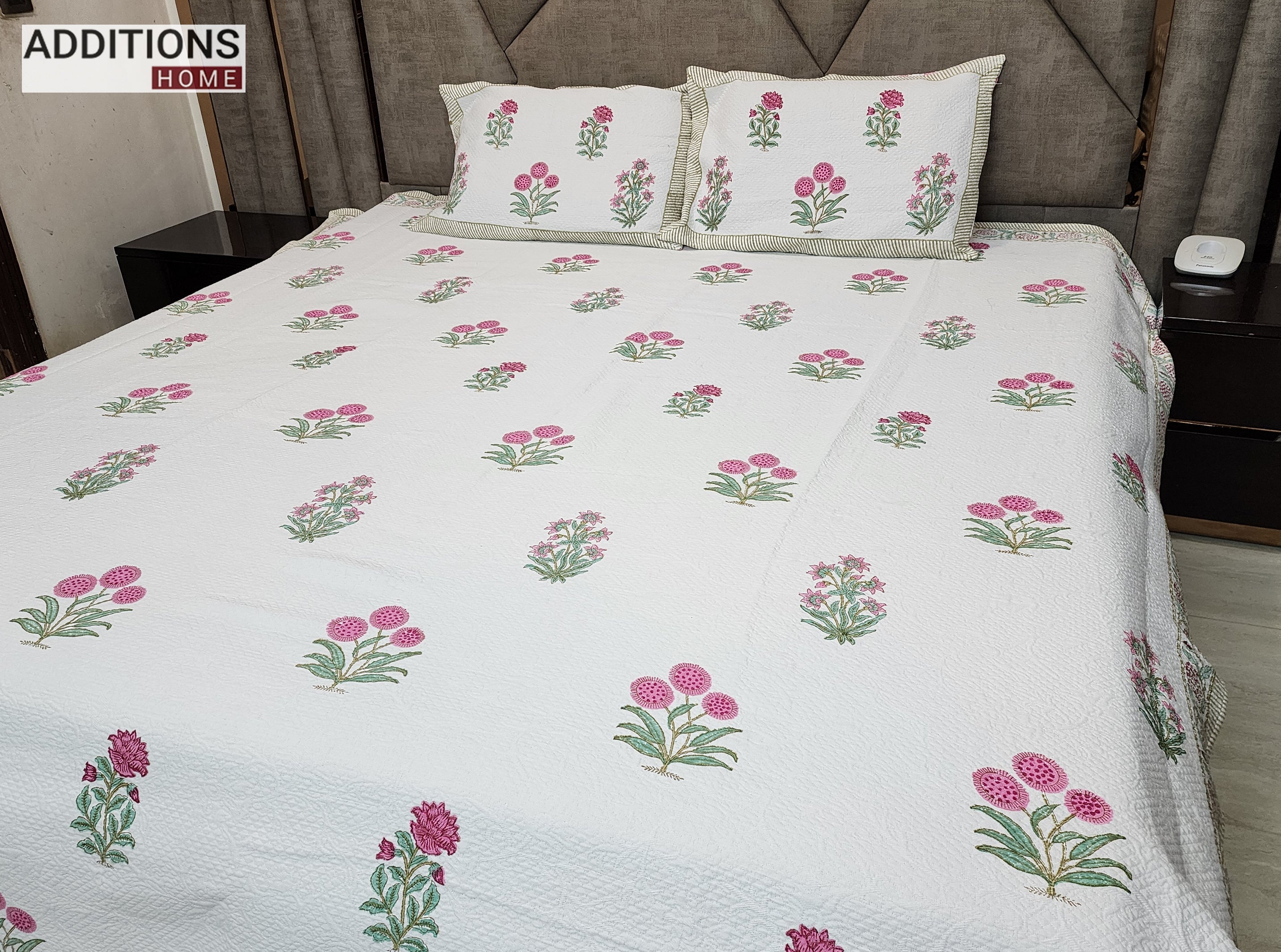 Mysore Hand Block Printed Jacquard Bed Cover with complementing Pillow Covers, 108x108