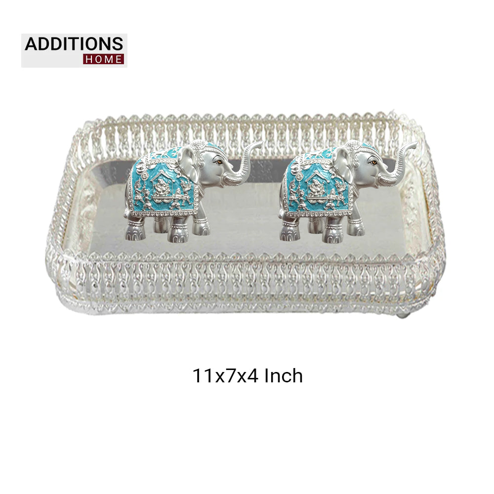 German Silver Rectangle Shape Designer Fancy Metal Tray And Silver Plated Elephant Idol Set Of 3Pcs.