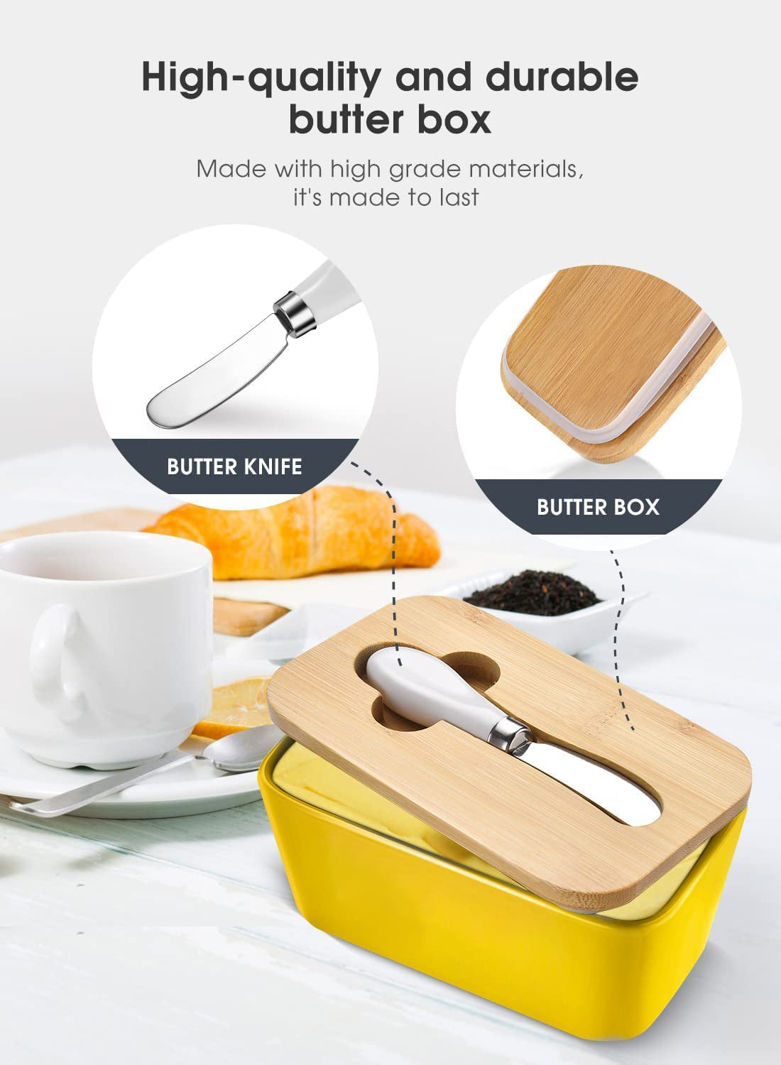 Butter Dishes Box Premium Quality Elite Range Heavy Fine Porcelain Butter Box, Butter Dish with Wooden Top Cover,Lid with a Knife -600 ML