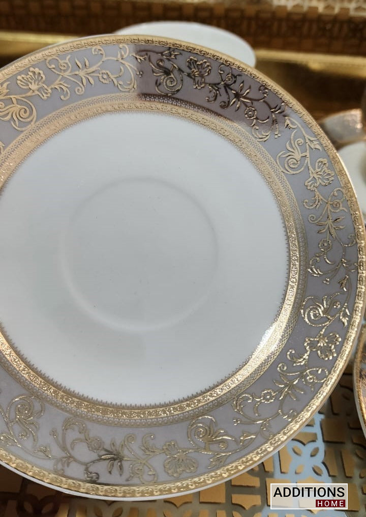 Luxury Embossed Gold Plated Cup & Saucer Royal Style Bone China, Set Of 6 (MADE IN JAPAN)