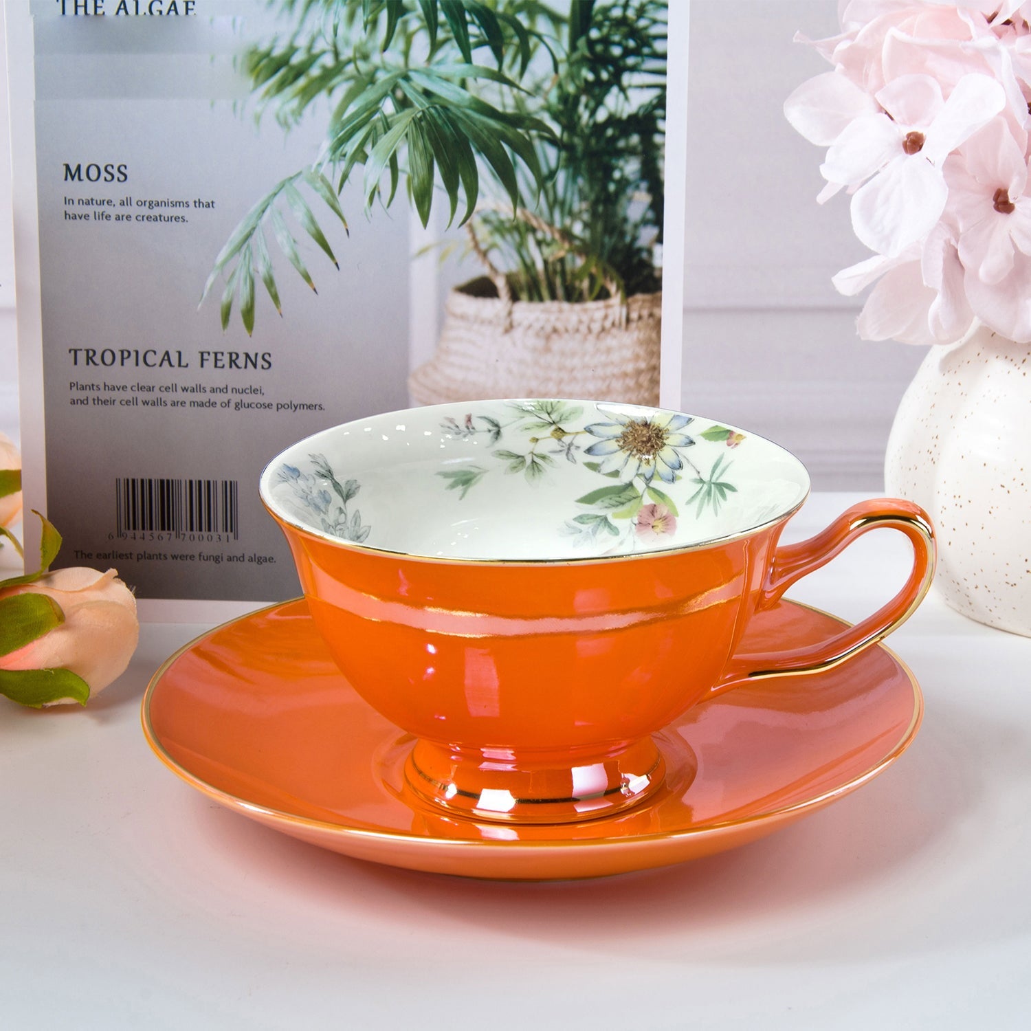 Fine English Bone China inner printed Cup and Saucer Orange (Set of 6)
