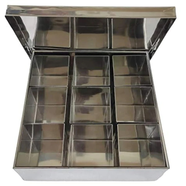 Stainless Steel Masala Dabba with 9 Compartments | Big Size Masala Petti | Silver