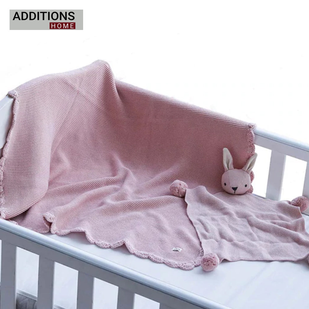 Rabbit- Pink Pearl Cotton Knitted All Season AC Blanket with Cuddle Cloth Set for Babies (Set of 2 - Blanket & Soft Toy )
