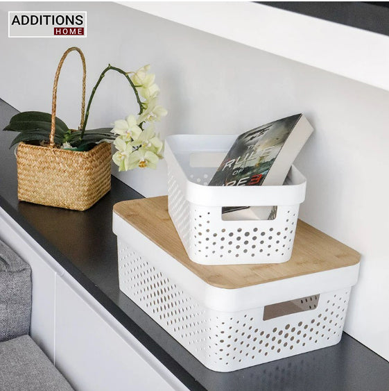 Plastic Storage Basket Set of 3 with Wooden Lid for Home/Office Use.