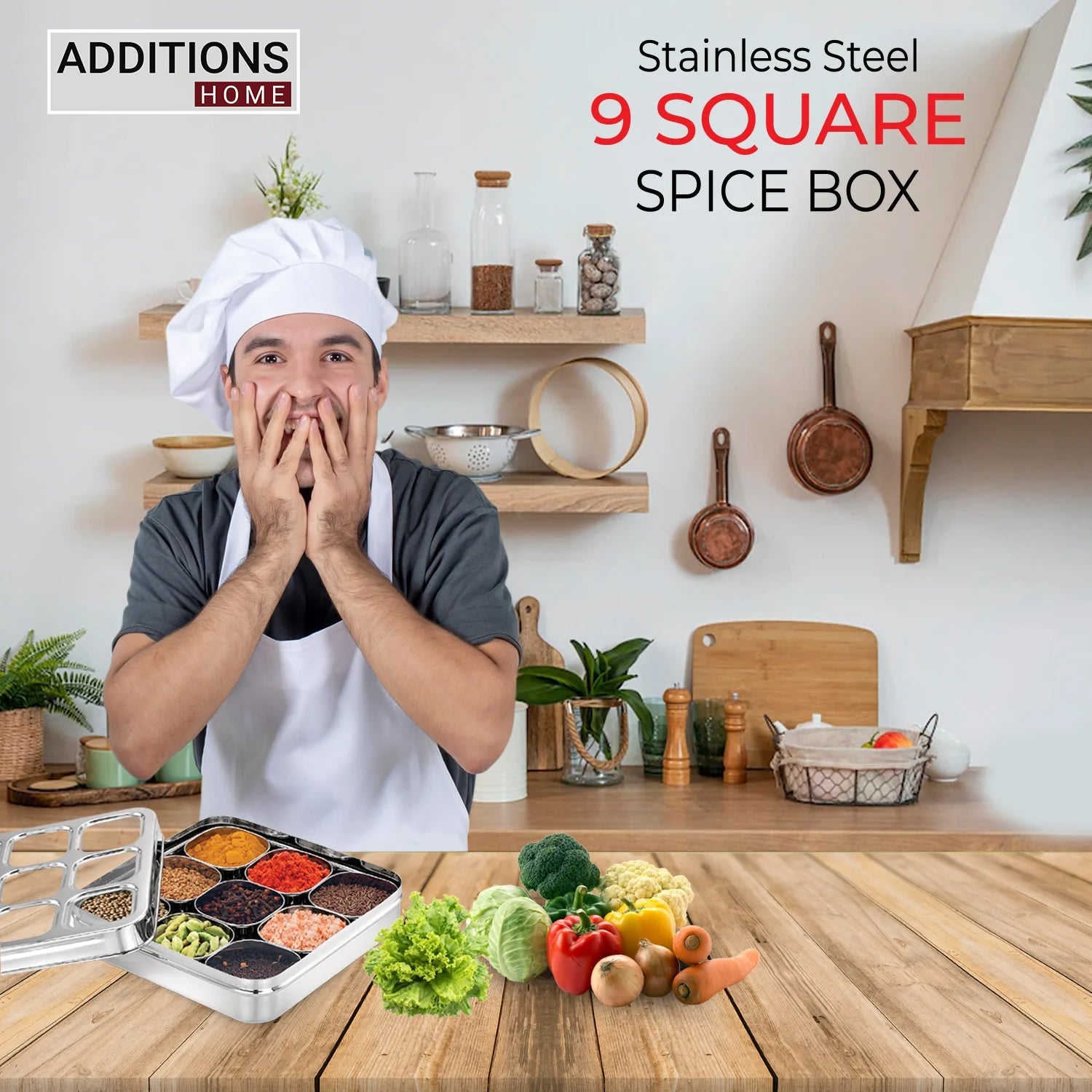 Stainless Steel Lego Masala Box -Square Cubic See thru Lid - Spice box - Condiment box - 9 partition - Diamater - 22CM, Capacity - 100 ML Each Containers