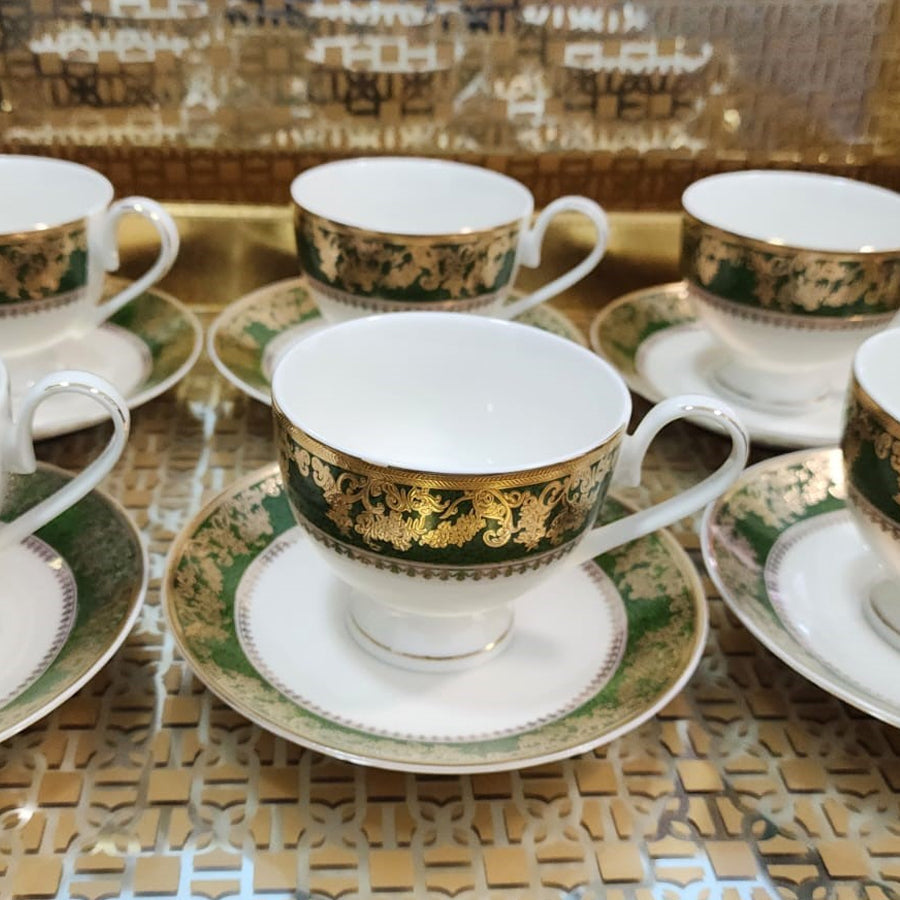 Luxury Embossed Gold Plated Cup & Saucer Royal Style Bone China, Set Of 6 (MADE IN JAPAN)