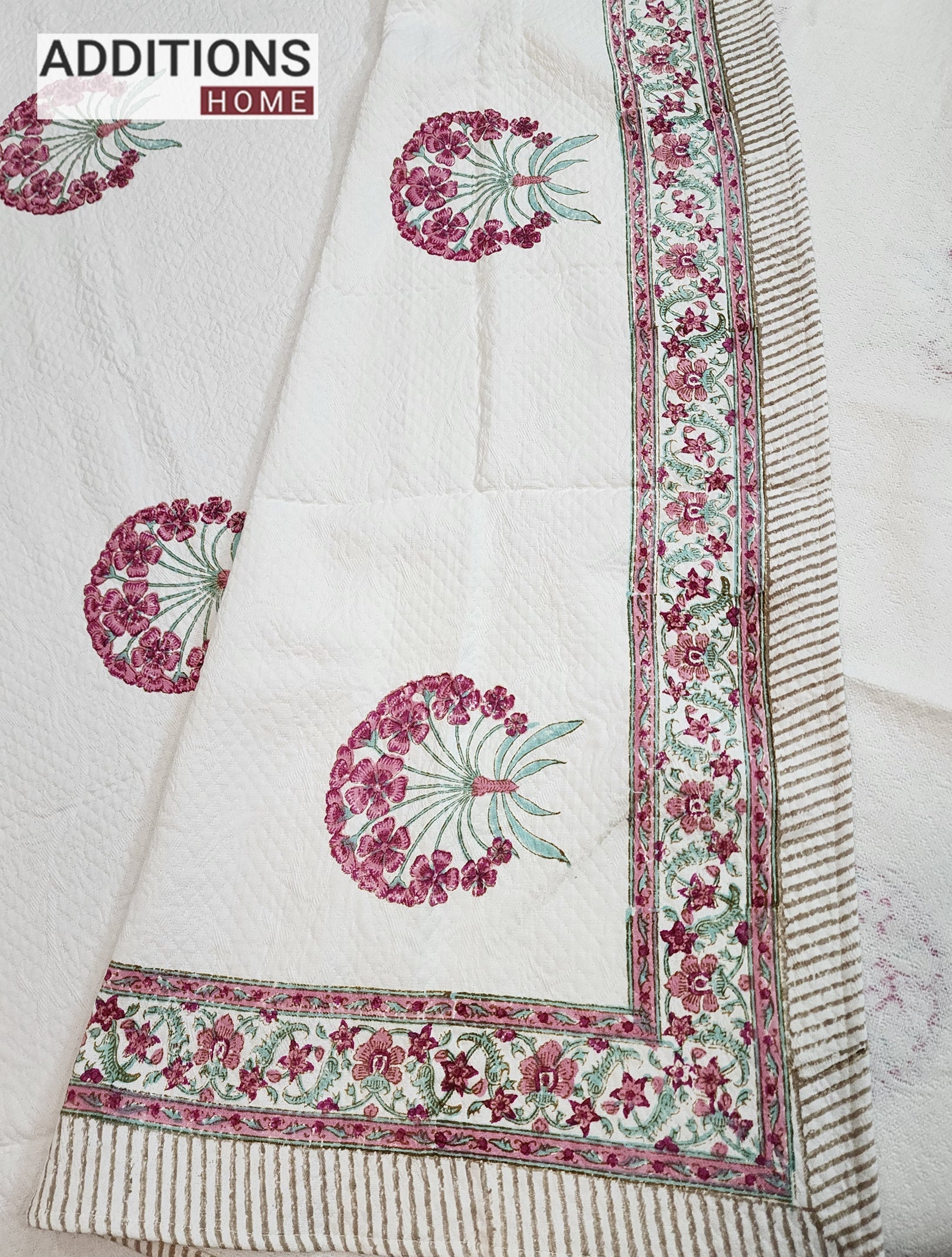 Mysore Hand Block Printed Jacquard Bed Cover with complementing Pillow Covers, 108x108
