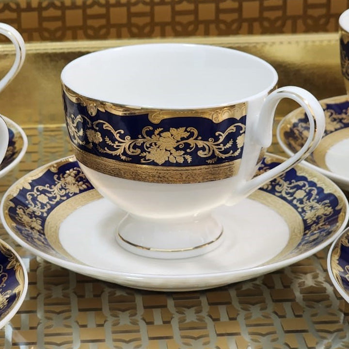 Luxury Embossed Gold Plated Cup & Saucer Royal Style Bone China, Set Of 6 (MADE IN JAPAN)