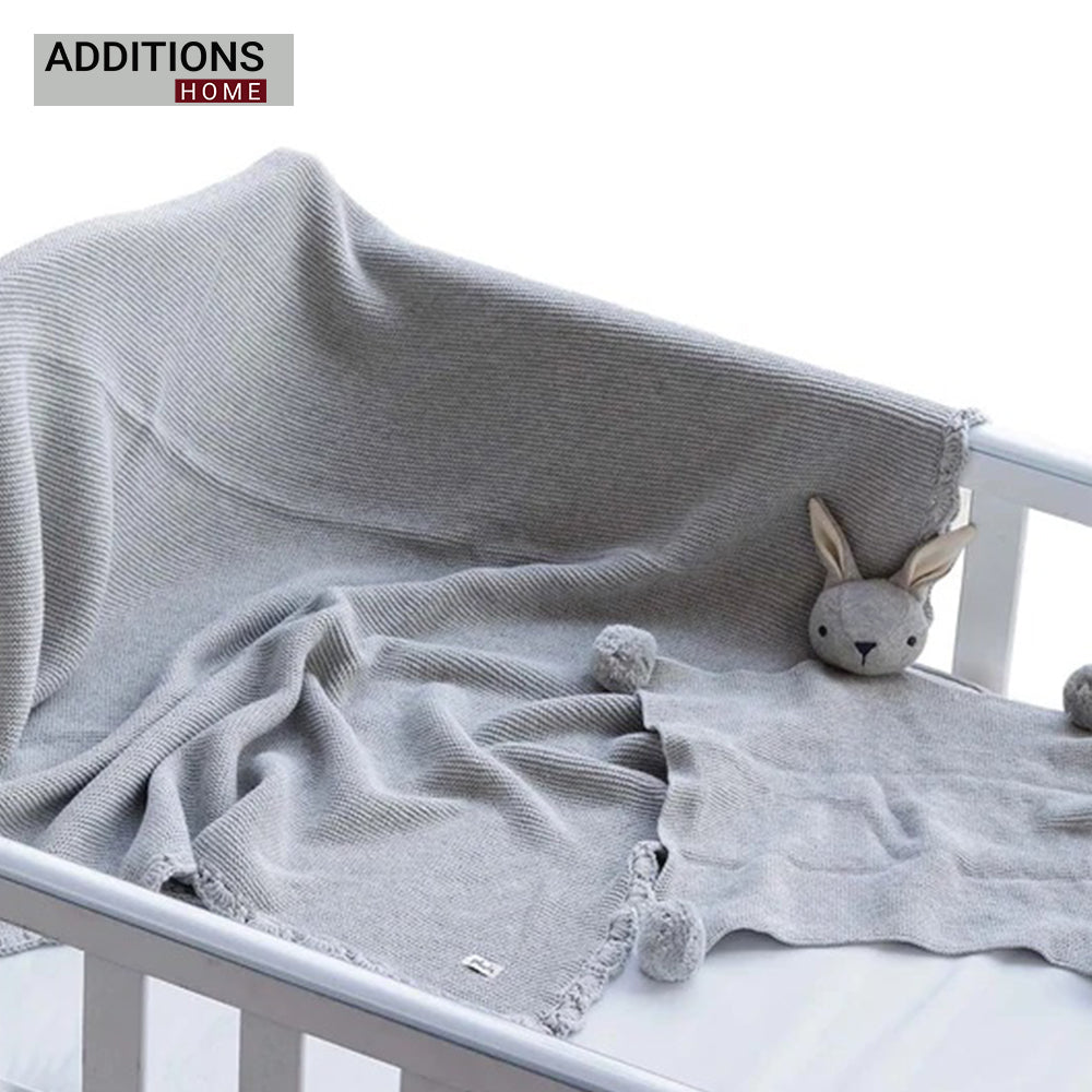 Rabbit- Vanilla Grey Cotton Knitted All Season AC Blanket with Cuddle Cloth Set for Babies(Set of 2 - Blanket & Soft Toy )