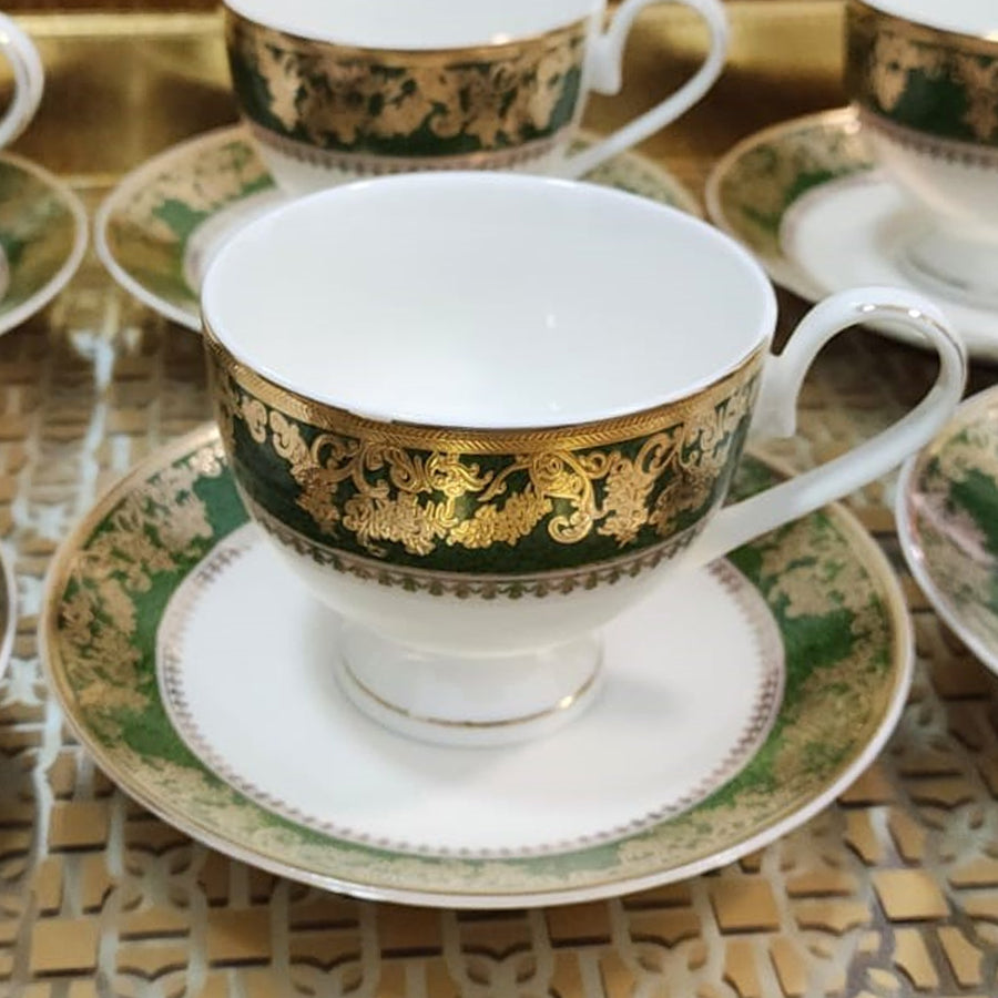 Luxury Embossed Gold Plated Cup & Saucer Royal Style Bone China, Set Of 6 (MADE IN JAPAN)