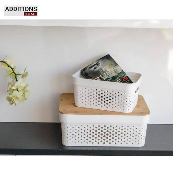 Plastic Storage Basket Set of 3 with Wooden Lid for Home/Office Use.
