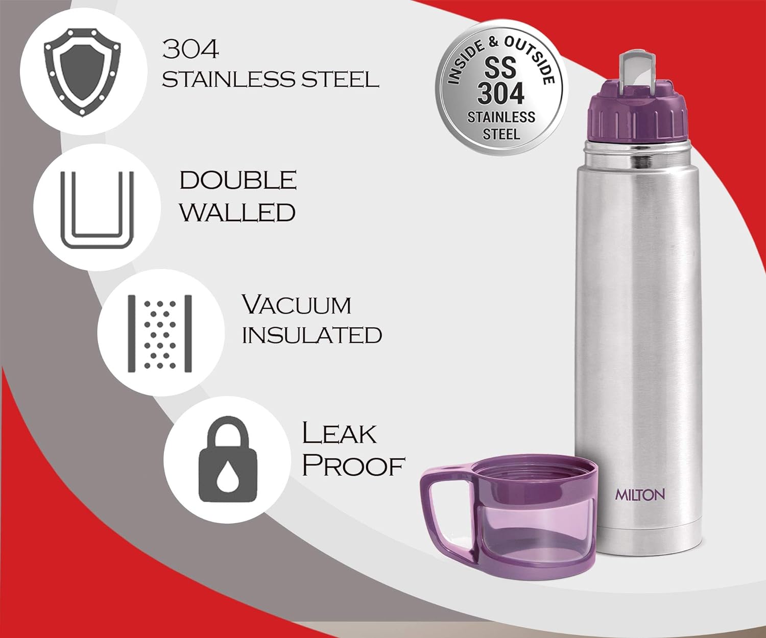 Thermosteel 24 Hours Hot and Cold Water Bottle with Drinking Cup Lid, 1 Litre, Purple