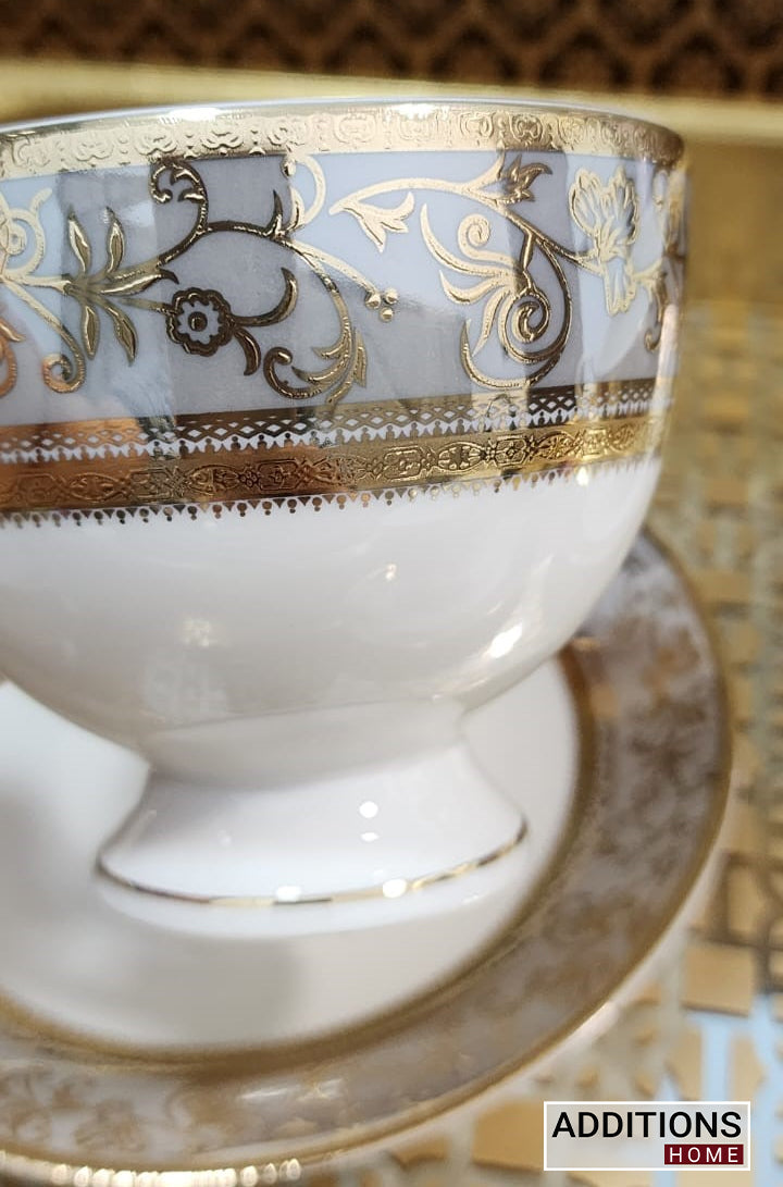 Luxury Embossed Gold Plated Cup & Saucer Royal Style Bone China, Set Of 6 (MADE IN JAPAN)