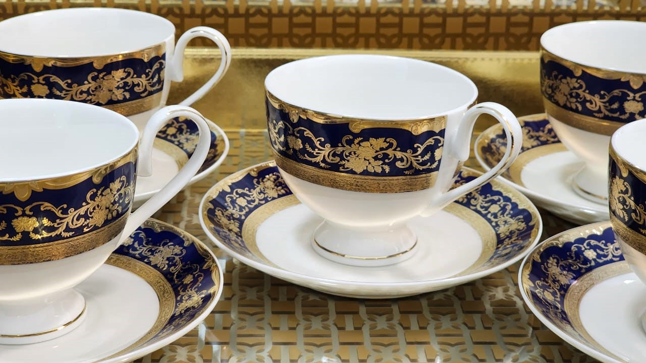 Luxury Embossed Gold Plated Cup & Saucer Royal Style Bone China, Set Of 6 (MADE IN JAPAN)