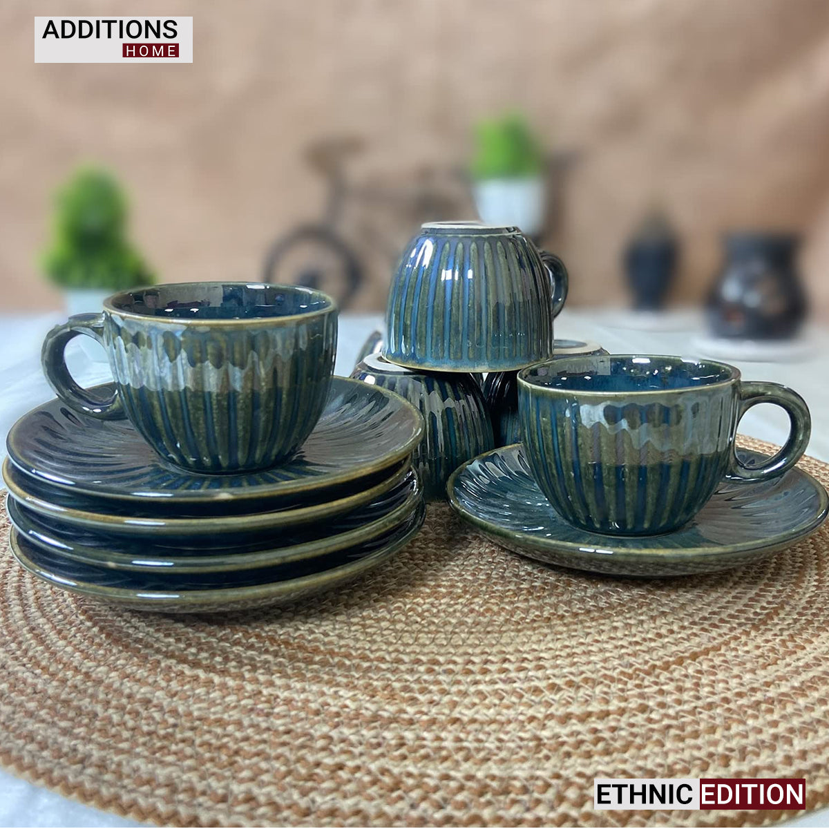 Glazed Ceramic Tea Cup With Saucer. Set of 6. ETHNIC EDITION