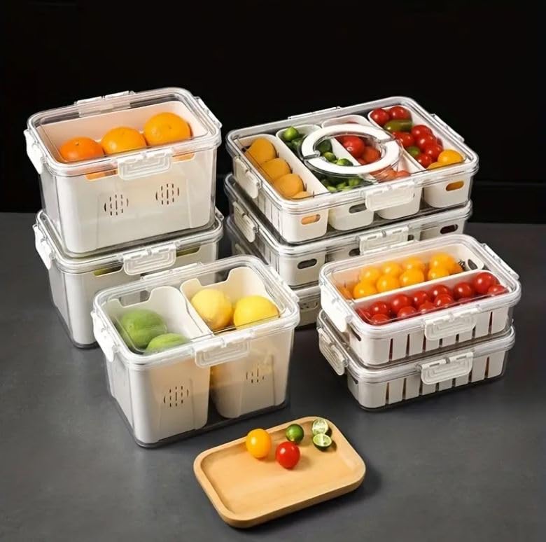 Airtight Drain Food Storage Container with Lid & Removable Compartment Kitchen Stackable Freezer Fridge Organizer Set of 6 Pcs