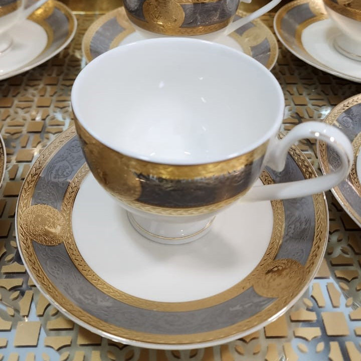 Luxury Embossed Gold Plated Cup & Saucer Royal Style Bone China, Set Of 6 (MADE IN JAPAN)