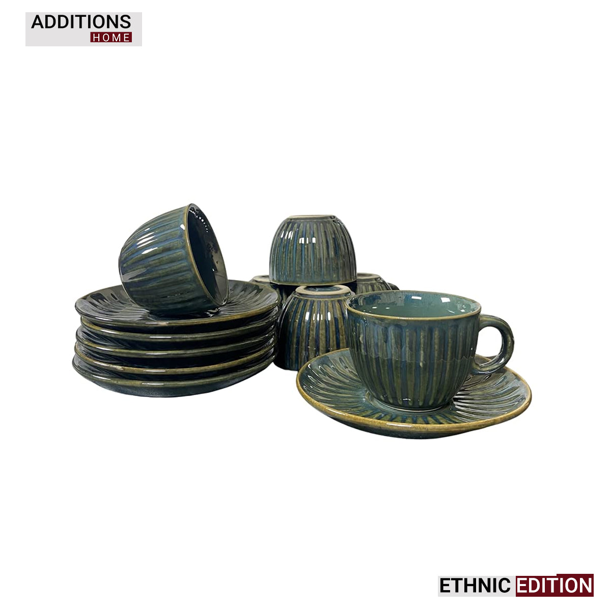 Glazed Ceramic Tea Cup With Saucer. Set of 6. ETHNIC EDITION
