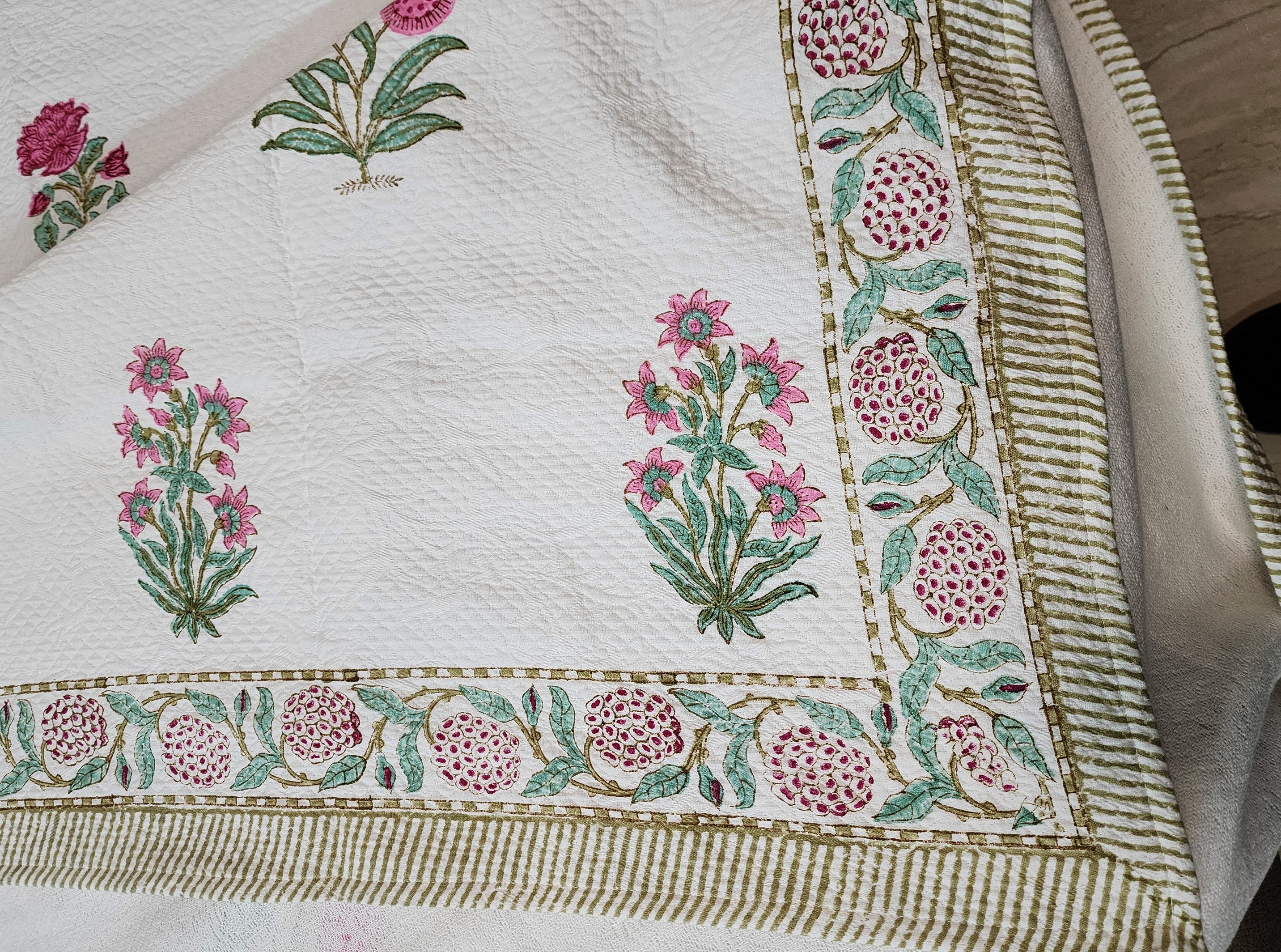 Mysore Hand Block Printed Jacquard Bed Cover with complementing Pillow Covers, 108x108