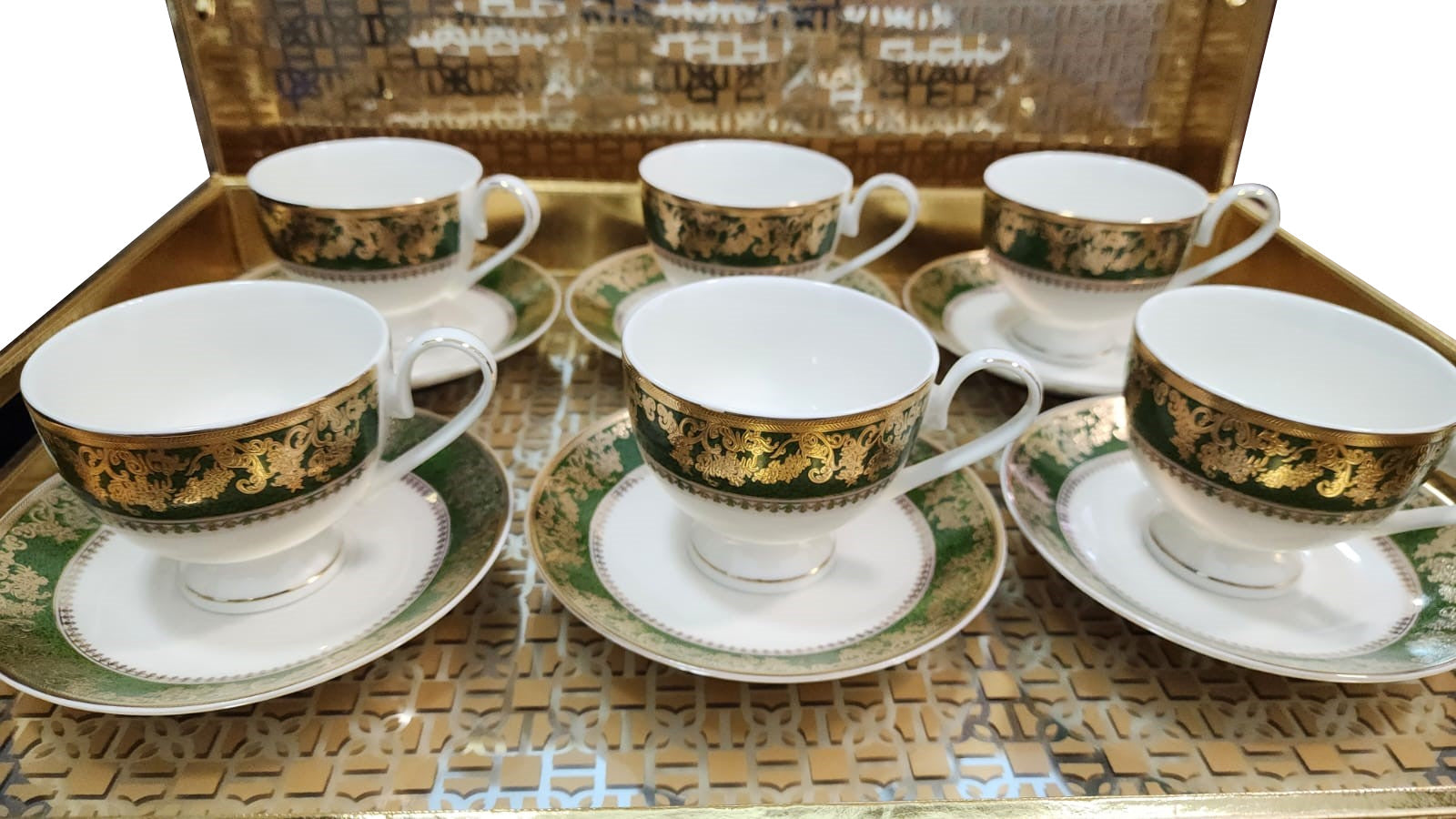 Luxury Embossed Gold Plated Cup & Saucer Royal Style Bone China, Set Of 6 (MADE IN JAPAN)