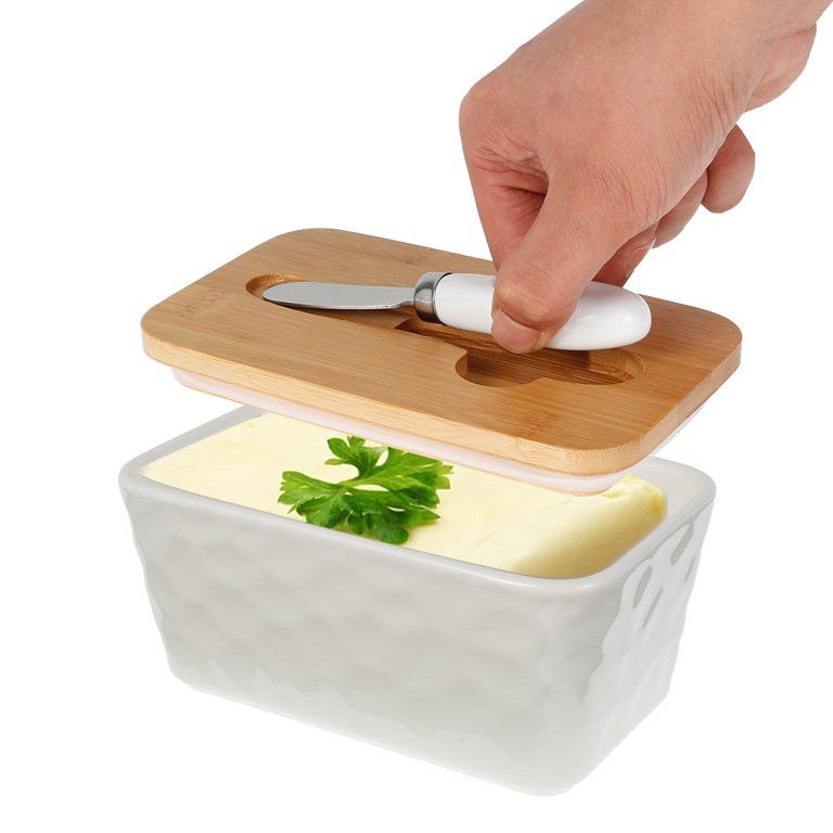 Butter Dishes Box Premium Quality Elite Range Heavy Fine Porcelain Butter Box, Butter Dish with Wooden Top Cover,Lid with a Knife -600 ML (WHITE)