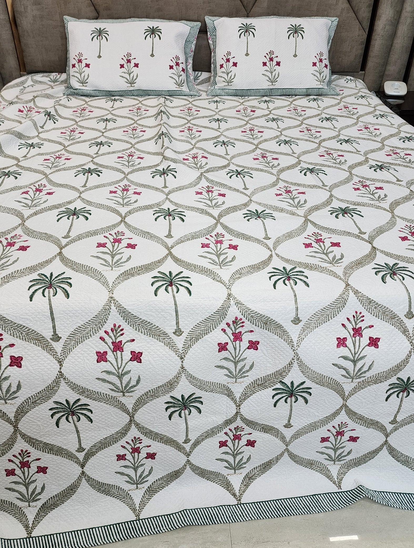 Mysore Hand Block Printed Jacquard Bed Cover with complementing Pillow Covers, 108x108