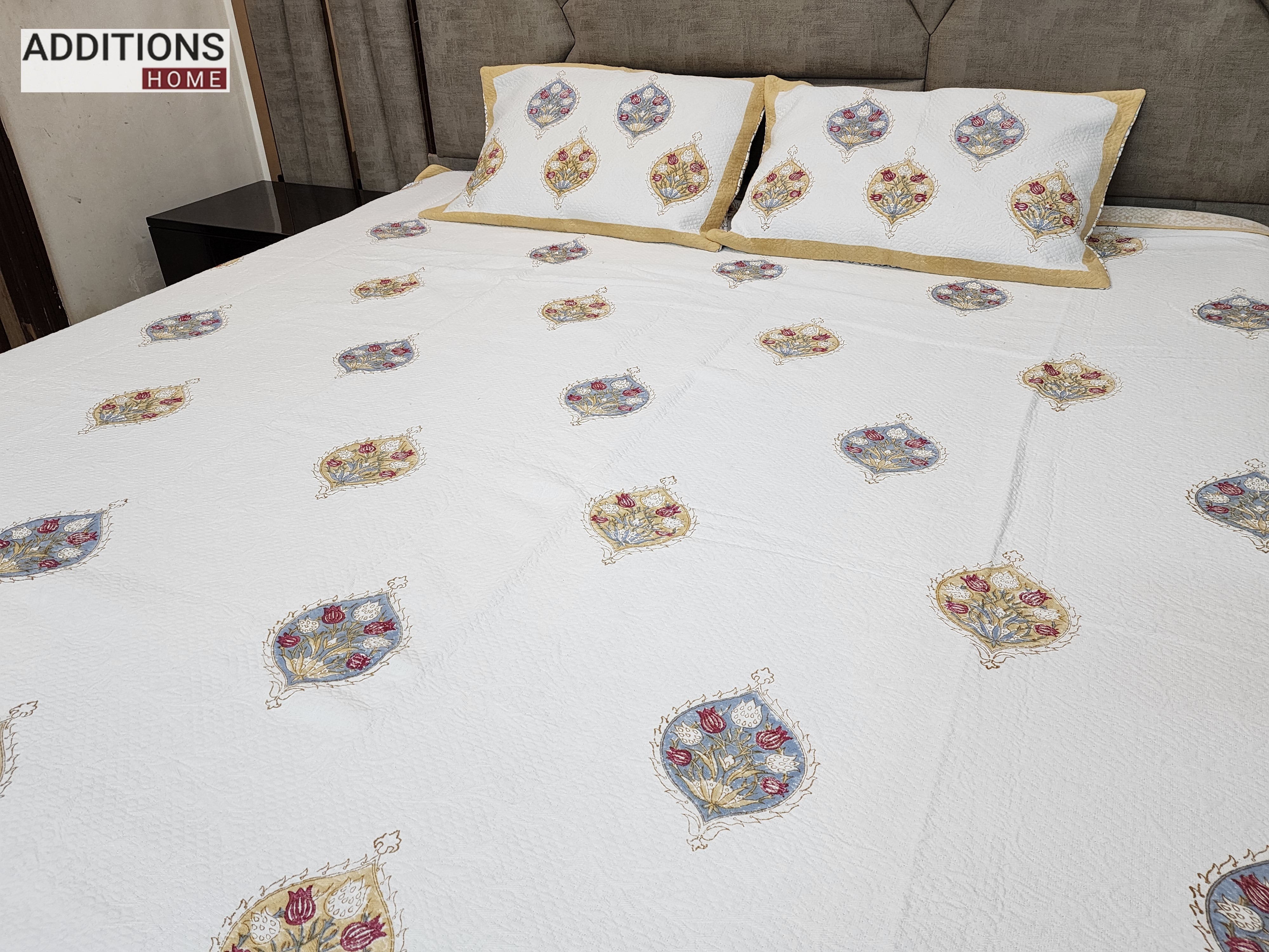 Mysore Hand Block Printed Jacquard Bed Cover with complementing Pillow Covers, 108x108