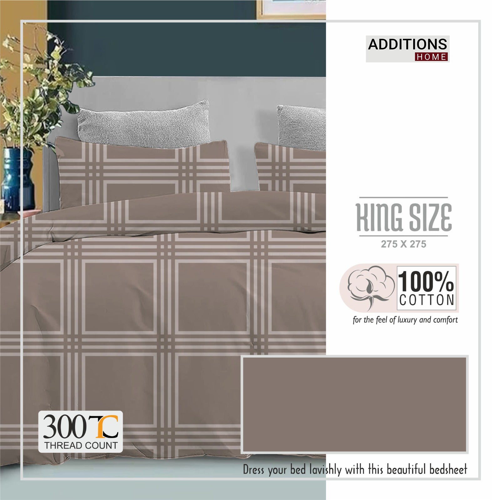 100% Cotton 300 TC King Size Double Bedsheet (Self Print) - 275 X 275 CM with 2 Pillow Covers - 3 Pcs Set