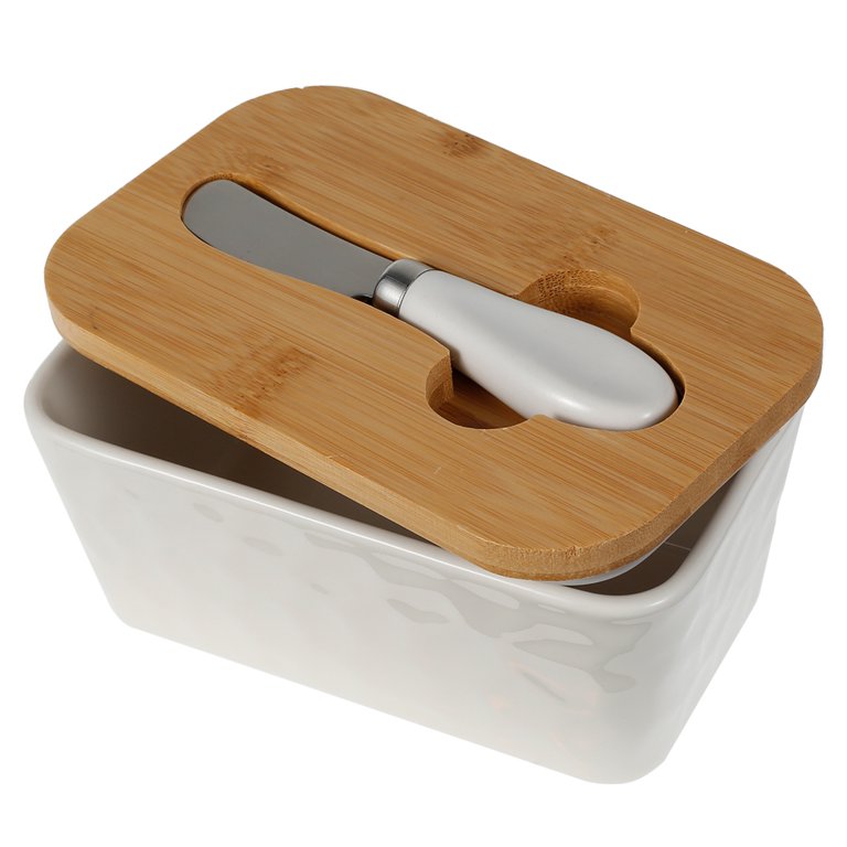 Butter Dishes Box Premium Quality Elite Range Heavy Fine Porcelain Butter Box, Butter Dish with Wooden Top Cover,Lid with a Knife -600 ML (WHITE)
