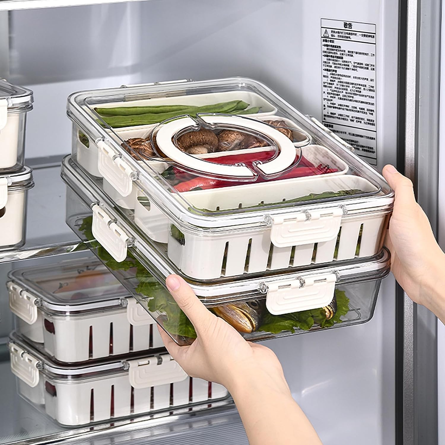 Airtight Drain Food Storage Container with Lid & Removable Compartment Kitchen Stackable Freezer Fridge Organizer Set of 6 Pcs