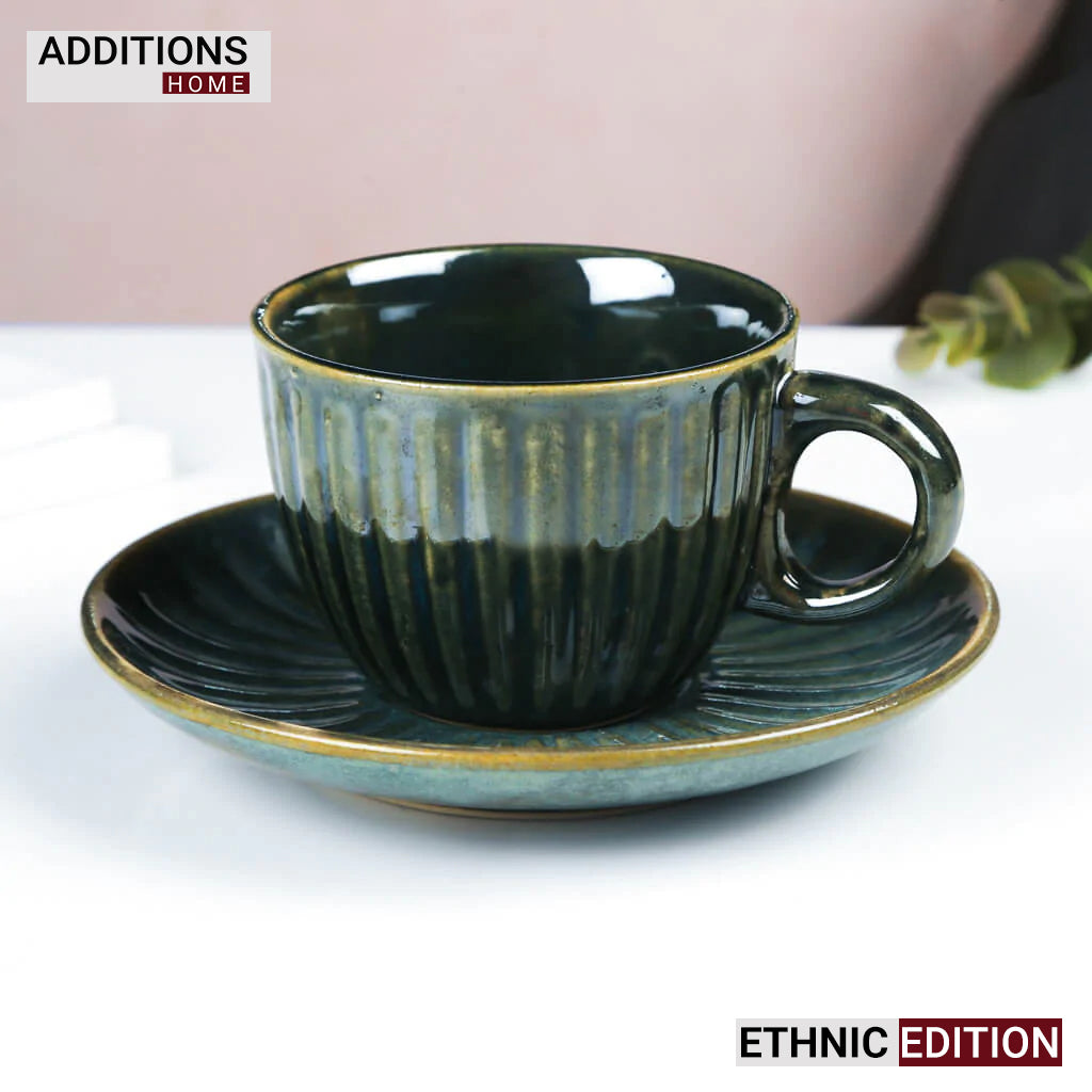 Glazed Ceramic Tea Cup With Saucer. Set of 6. ETHNIC EDITION