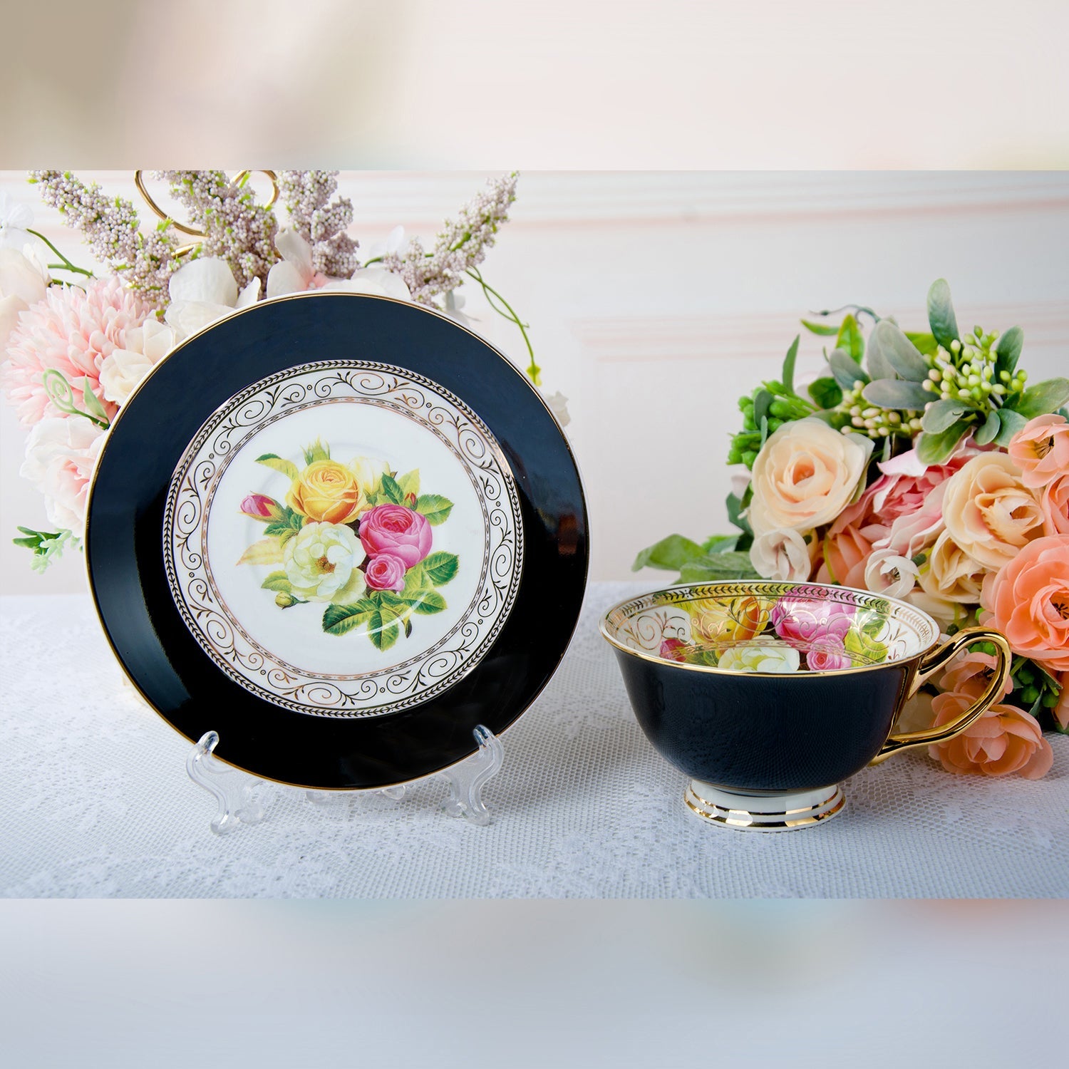 Fine English Bone China inner printed Cup and Saucer Black (Set of 6)