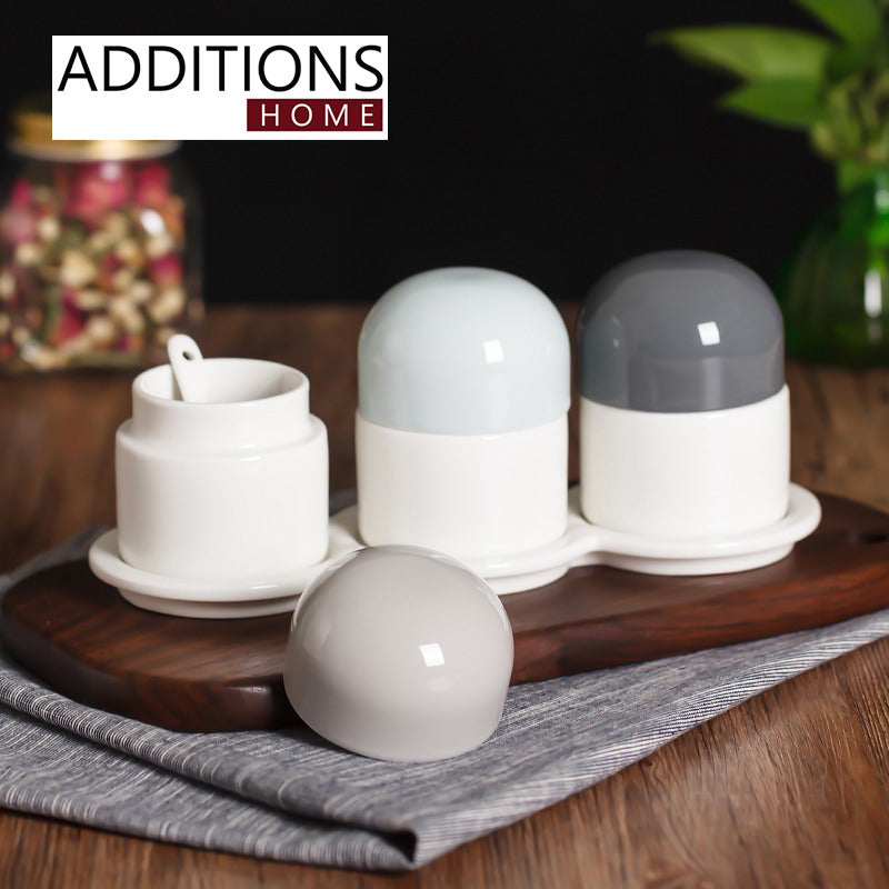 Ceramic Cruet set with Ceramic Tray & Spoons for Home, Kitchen, Counter (Set of 3)