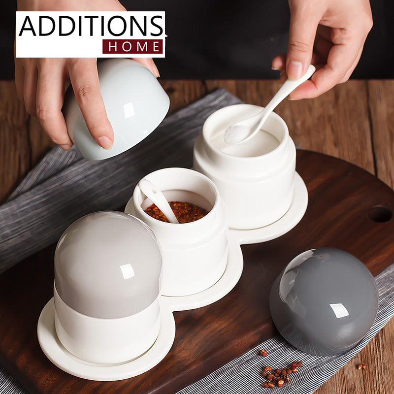 Ceramic Cruet set with Ceramic Tray & Spoons for Home, Kitchen, Counter (Set of 3)