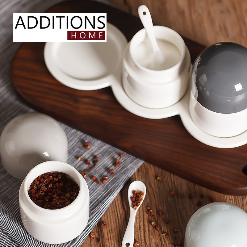 Ceramic Cruet set with Ceramic Tray & Spoons for Home, Kitchen, Counter (Set of 3)