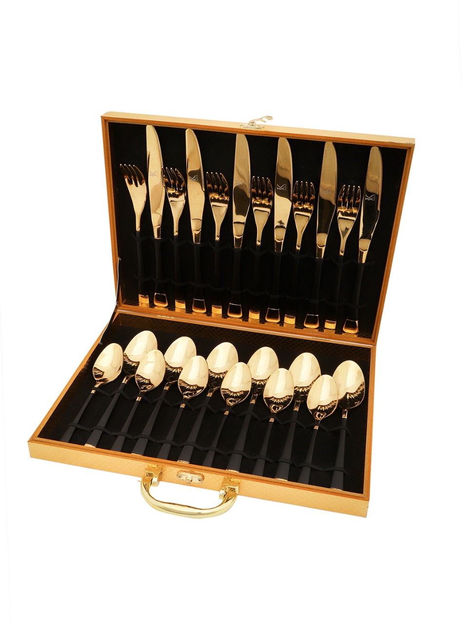 24pcs Luxury Chrome Plated Classic Cutlery Set Dinner Spoon Knives Fork Set Stainless Steel Tableware Dinner Set with Black Gift Box Black Gold