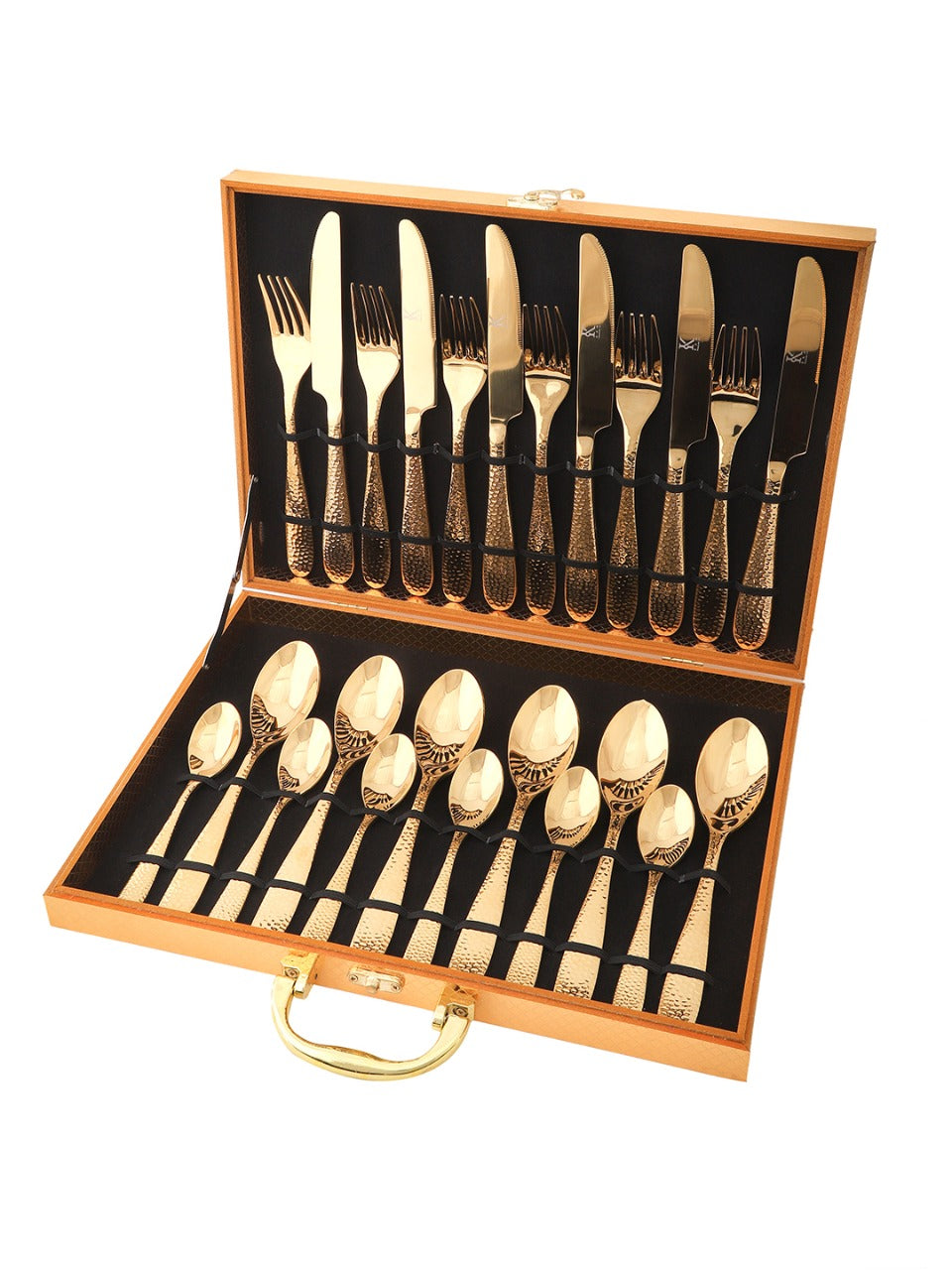 24pcs Luxury Chrome Plated Classic Cutlery Set Dinner Spoon Knives Fork Set Stainless Steel Tableware Dinner Set with Black Gift Box Gold Pleated