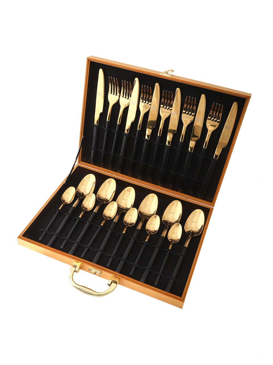 24pcs Luxury Chrome Plated Classic Cutlery Set Dinner Spoon Knives Fork Set Stainless Steel Tableware Dinner Set with Black Gift Box Black Gold