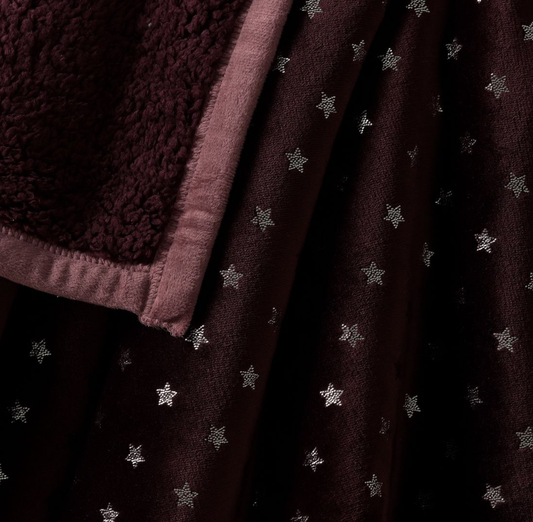 Star Silver Foil Embedded Double Bed Blanket with Sherpa