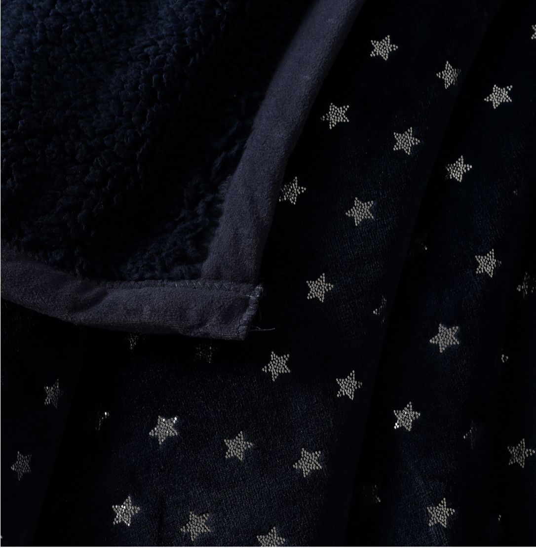 Star Silver Foil Embedded Double Bed Blanket with Sherpa