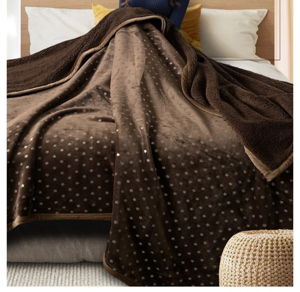 Star Silver Foil Embedded Double Bed Blanket with Sherpa