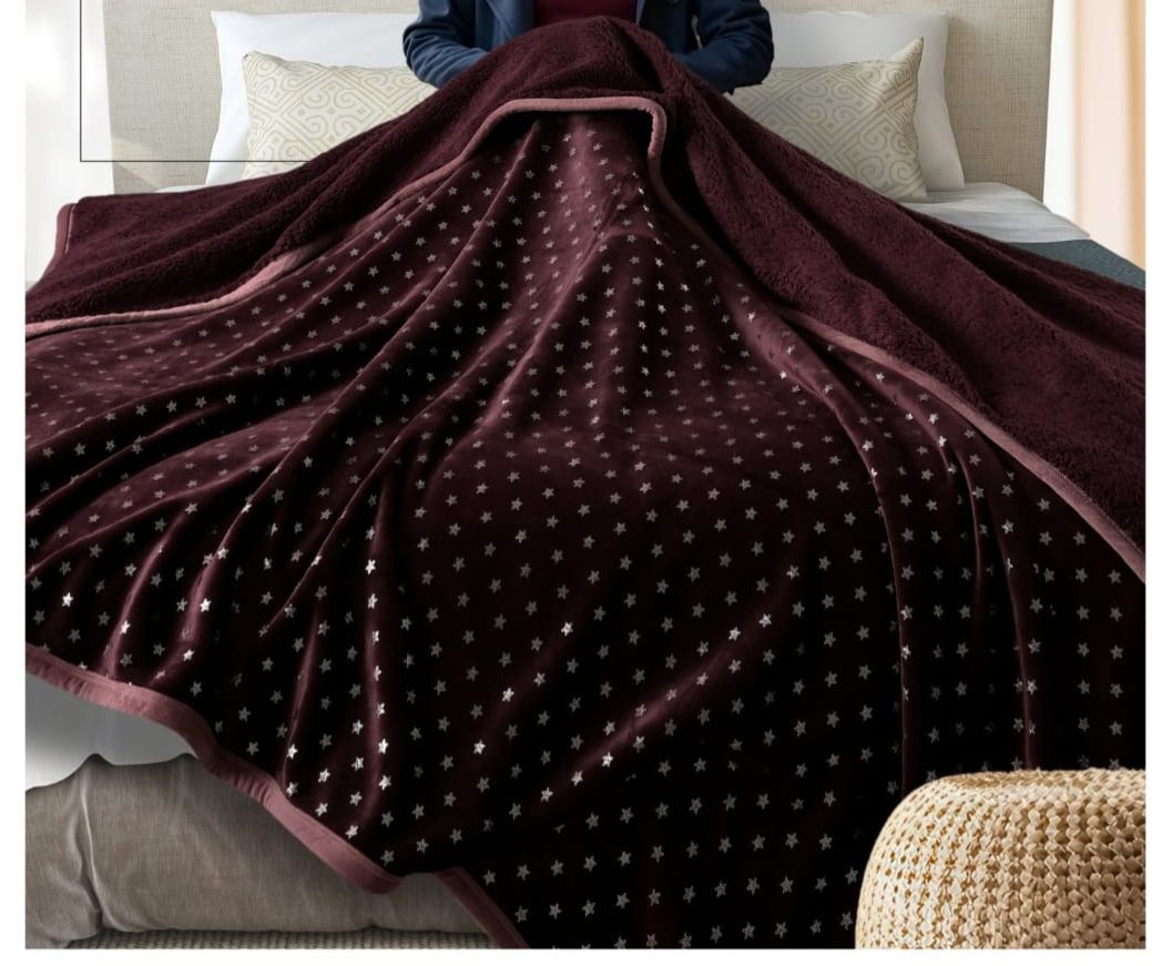 Star Silver Foil Embedded Double Bed Blanket with Sherpa