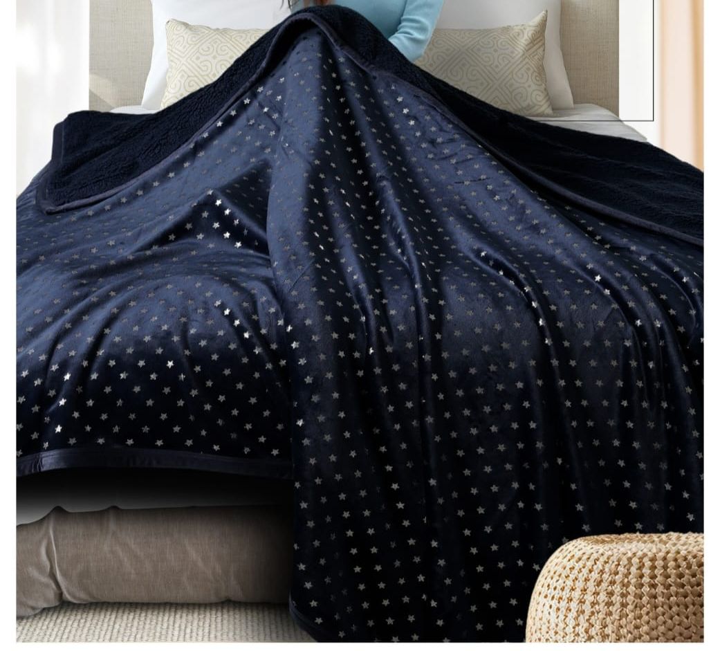 Star Silver Foil Embedded Double Bed Blanket with Sherpa
