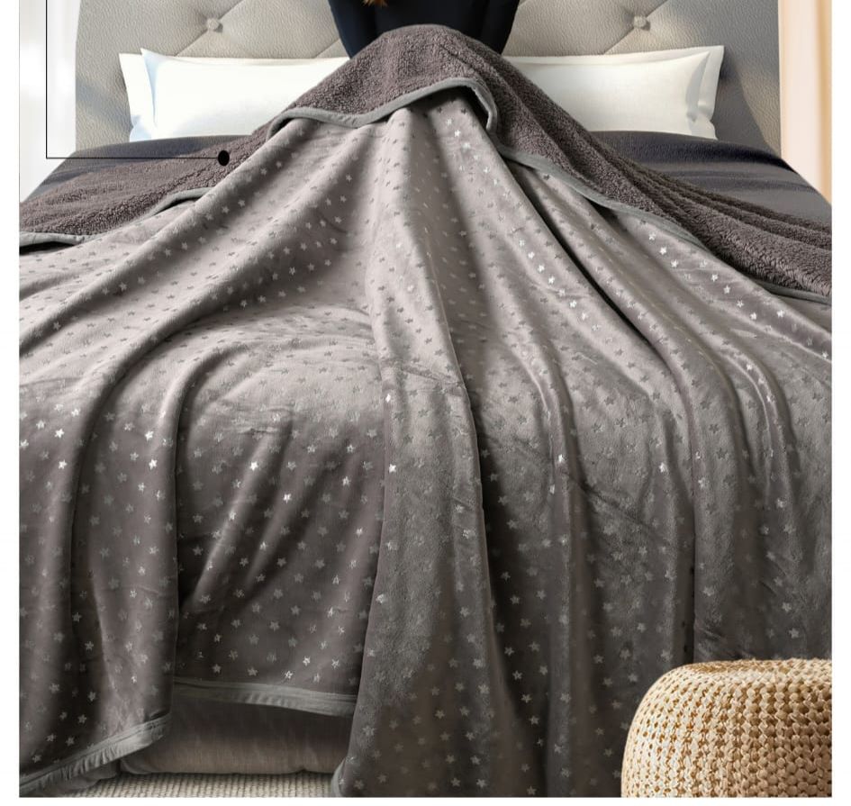 Star Silver Foil Embedded Double Bed Blanket with Sherpa