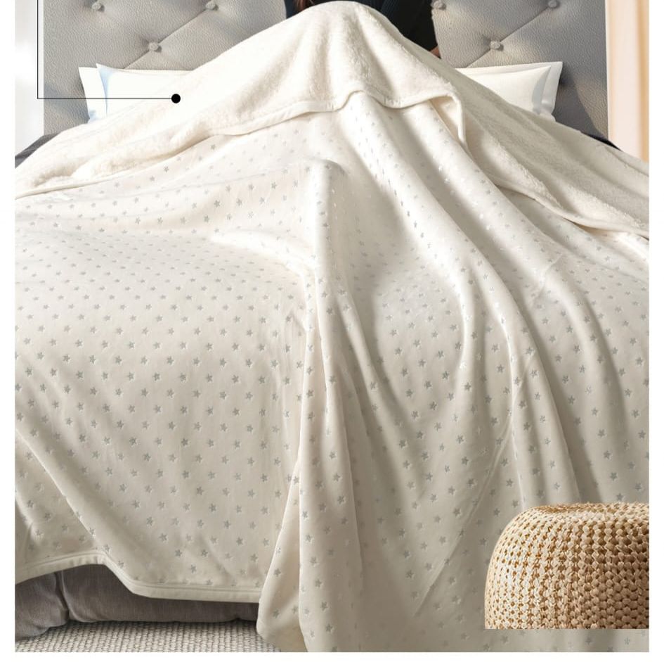 Star Silver Foil Embedded Double Bed Blanket with Sherpa