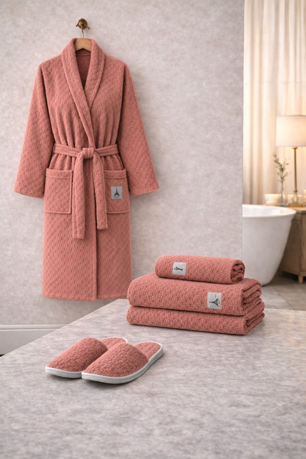 4 PCS Bath Robe Set with Matching Towel and Slippers