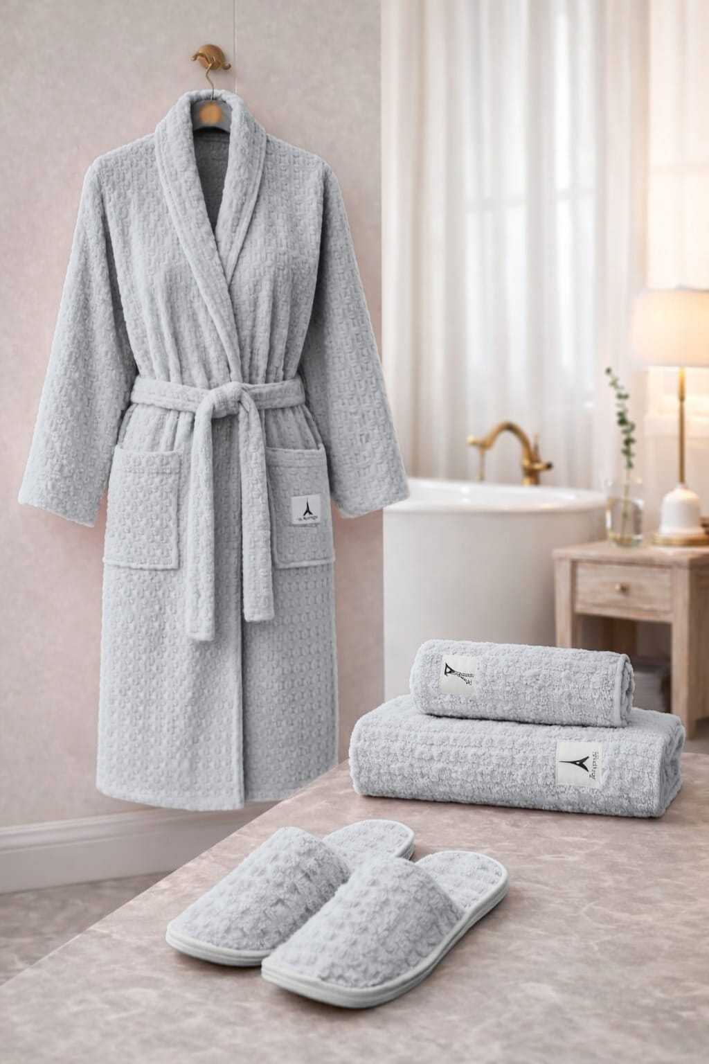 4 PCS Bath Robe Set with Matching Towel and Slippers