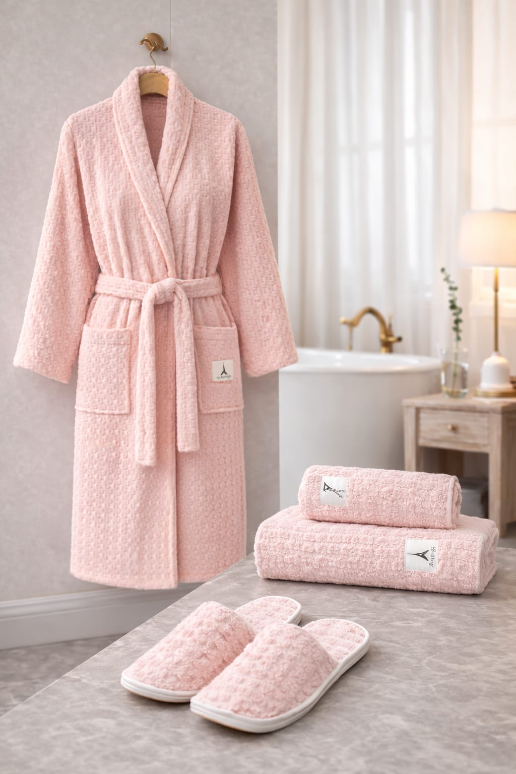 4 PCS Bath Robe Set with Matching Towel and Slippers